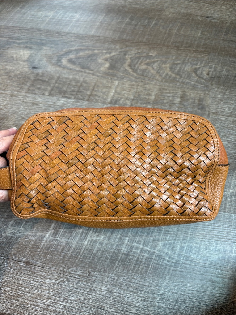 Cole Haan Tan Woven Leather Toiletry Bag Travel 10” - Picture 2 of 11